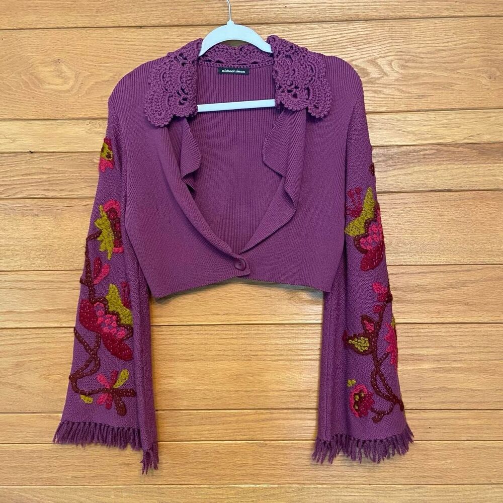 Michael Simon sample 90s Y2K vintage purple cropped bell sleeve sweater